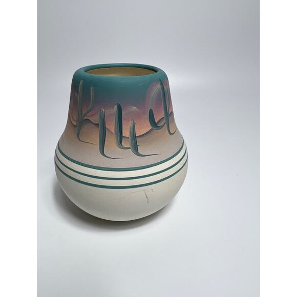 Native American New West Hand Painted Pink and Blue Pottery Vase - Picture 3 of 8